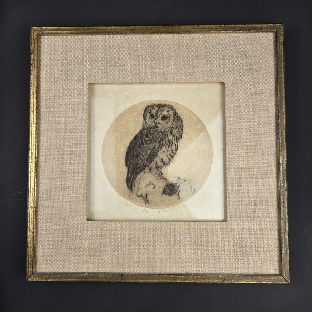 Claire Miller Owl Signed Numbered 18/25 Etching Print 1969 Framed Vintage Art